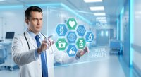 Male doctor in white coat interacting with digital health technology interface displaying medical icons in modern hospital corridor.