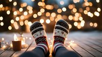 Cozy winter socks with festive pattern against warm bokeh lights and candles on wooden floor, creating magical holiday atmosphere and comfort at home.
