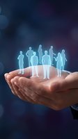 Cupped hands holding glowing translucent human figures representing team support, leadership, employee care, human resources management and business protection.