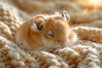Adorable ginger hamster sleeping peacefully on soft knitted beige blanket with sunlight creating warm atmosphere for pet photography.