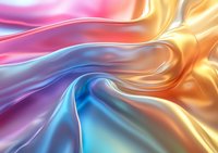 Smooth flowing silk fabric in vibrant pink, gold and blue colors creating abstract waves and folds with glossy metallic sheen and soft gradient transitions.