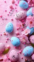 Speckled pink and blue Easter eggs with cherry blossom flowers, scattered candy pearls and petals on pink background creating festive spring composition.