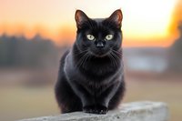 Black cat with bright green eyes sitting on stone wall against blurred sunset background, creating mysterious and atmospheric mood for Halloween designs.