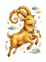 Golden goat with ornate horns and decorative collar, isolated on white background. Stylized illustration with Asian-inspired design elements, clouds, and floral motifs. Suitable for clipart, apparel design, and graphic projects.