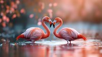 Two pink flamingos forming heart shape with necks in romantic pose on water surface with bokeh lights background for love and Valentine concepts.