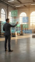 Businessman using futuristic holographic interface displaying eco-friendly logistics data in modern warehouse with sustainable supply chain analytics.
