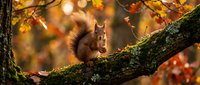 Cute red squirrel sitting on mossy tree branch in autumn forest with golden sunlight and colorful fall foliage creating warm seasonal wildlife scene.