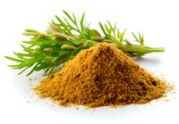 Ground cumin spice powder heap with fresh dill herb sprigs on white background, aromatic cooking ingredient for culinary use.