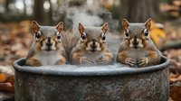 Three curious squirrels relaxing together in rustic metal container surrounded by autumn leaves, creating whimsical wildlife scene with bokeh background.