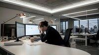 Stressed businesswoman sitting at desk with dual monitors in modern office, head in hands, feeling exhausted and overwhelmed by work pressure.