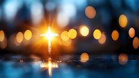 Glowing Christian cross with reflection on wet surface against blurred bokeh lights background, spiritual and religious concept for faith and worship.