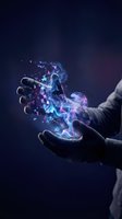 Human hands holding glowing neon energy particles and digital light effects against dark background. Concept for technology, innovation, and futuristic power.