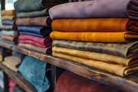 Stacks of colorful folded fabric and textiles on wooden shelves in retail store, featuring various textures and materials in vibrant autumn and jewel tones.