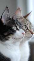 Close-up portrait of two cats with striking eyes looking in same direction, black and white tuxedo cat and gray tabby cat showing facial features and whiskers.