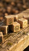 Wooden dice with mystical symbols arranged on rustic wood surface, featuring engraved spiritual and celestial designs for tabletop gaming and divination purposes.