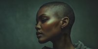 Profile portrait of young African American woman with short buzzed hair against dark green textured background, dramatic lighting highlighting facial features.