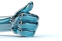 Transparent blue glass thumbs up hand gesture showing approval and positive feedback on white background isolated for design projects.