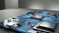 Futuristic circuit board with glowing blue pathways and electronic components on modern surface for technology and innovation concepts.