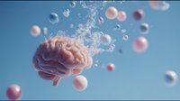 Pink brain floating in blue sky with bubbles and water splashes, concept of mind cleansing, mental health, cognitive therapy, and psychological refreshment.