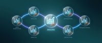 Connected data analytics network with glowing hexagonal nodes displaying bar charts and growth icons on dark teal background, representing business intelligence and financial analysis systems.