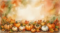 Autumn harvest border with orange and white pumpkins, fall leaves and warm watercolor background for seasonal greeting cards and thanksgiving decorations.