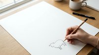 Artist hand drawing sketch on white paper with pencil at wooden desk with coffee cup nearby, creative workspace setup.