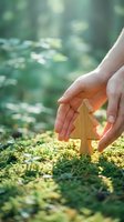 Hands protecting wooden tree figure on moss in forest symbolizing environmental conservation and nature protection with warm sunlight.
