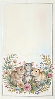 Watercolor three cute mice surrounded by roses, wildflowers, and hearts on a soft cream background with copy space for text.