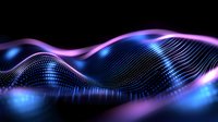 Glowing wave of connected dots forming dynamic digital landscape with purple and blue neon lights against dark background, abstract technology visualization.