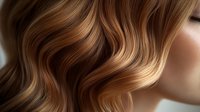 Close-up of wavy caramel brown hair with golden highlights showing soft texture and natural movement against light background.
