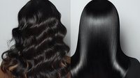 Comparison of curly wavy and straight black hair styling results on dark background, showing professional hairstyling transformation and hair care treatment effect.