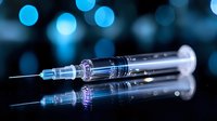 Medical syringe with needle on reflective surface against blurred blue bokeh background, dramatic lighting highlights sterile equipment in healthcare setting.
