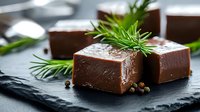 Rich dark chocolate fudge squares garnished with fresh rosemary sprigs on slate board. Gourmet confectionery dessert for culinary blogs and food photography.