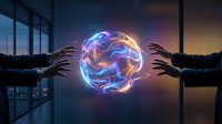 Business professionals reaching toward glowing energy sphere symbolizing collaboration, teamwork and innovation in modern office environment.