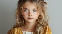 Young girl with blonde wavy hair and striking blue eyes wearing yellow dress poses naturally against neutral background in soft lighting for portrait photography.