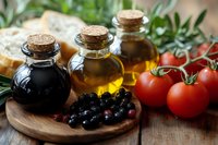 Mediterranean cuisine ingredients with olive oil bottles, balsamic vinegar, fresh tomatoes and black olives on rustic wooden board. Fresh cooking concept.