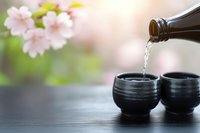 Traditional sake pouring ceremony with cherry blossoms in background, Japanese cultural dining experience with ceramic cups and bottle.