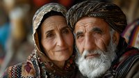 Elderly Middle Eastern couple in traditional dress sharing intimate moment, senior man with white beard and turban, woman in headscarf showing genuine warmth and connection.