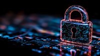 Digital padlock symbol glowing with red and blue neon light on circuit board background, representing cybersecurity and data protection in modern technology.