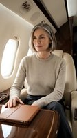 Elegant mature businesswoman with silver hair sitting in luxury private jet cabin during flight for corporate travel and executive lifestyle.