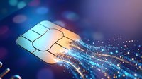 Closeup of a credit card EMV chip with glowing binary data streams on a blue bokeh background, symbolizing digital finance and secure payment technology.