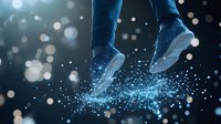 Levitating sneakers with magical water splash effect against dark background with bokeh lights, creating dynamic motion and ethereal atmosphere.