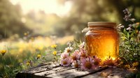 Golden honey jar glowing in sunset light among pink wildflowers on rustic wooden surface, magical summer garden atmosphere with soft bokeh background.