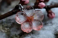 Delicate frost-covered flower with pink petals and golden center resting on snow-covered branch, winter botanical nature photography for seasonal designs.