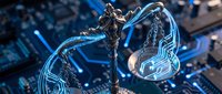 Digital justice scales with glowing circuit patterns on computer motherboard representing legal technology and cyber law enforcement.