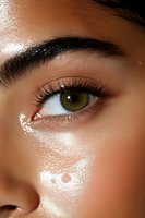 Close-up of green eye with long eyelashes and defined eyebrow on glowing, dewy skin. Macro beauty photography highlighting natural makeup and radiant complexion.