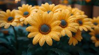 Fresh yellow daisies with water droplets on petals against dark background, creating moody garden atmosphere. Macro floral photography shows dewdrops detail.