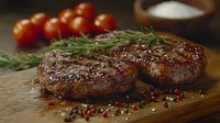 Juicy grilled beef steak seasoned with rosemary, salt and peppercorns on wooden cutting board, served with fresh cherry tomatoes and herbs.