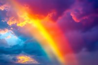 Vibrant rainbow arching through dramatic sky with purple storm clouds and golden sunlight creating atmospheric celestial landscape.