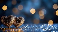 Glittering golden heart decorations on blue sparkly surface with soft bokeh lights in background, romantic holiday celebration atmosphere.